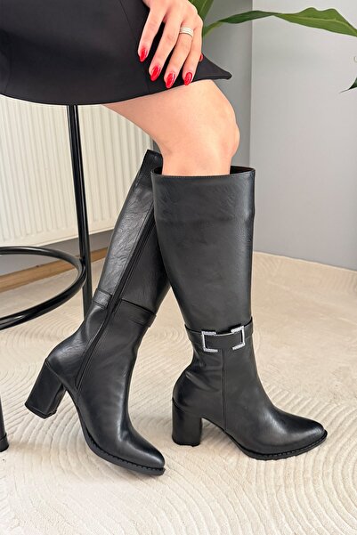 Preshley Women's Paris Black Buckle Detailed Side Zipper Below the Knee Boots...