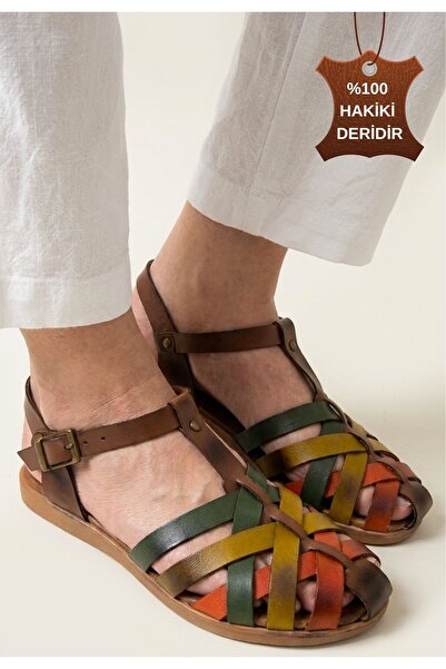 pabucmarketi Tan Ankle Belted Women's Flat Sandals
