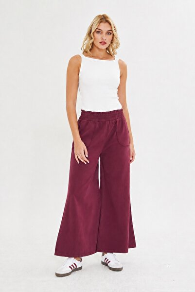 BELISTIL Burgundy Elastic Waist Wide Leg Linen Pocket Trousers