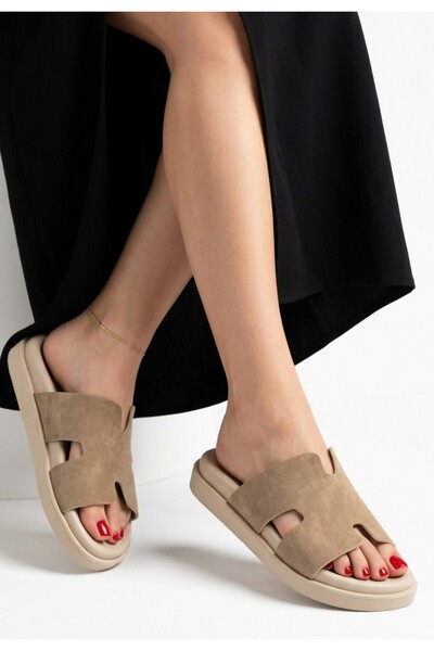 pabucmarketi Beige Suede Women's Flat Slippers