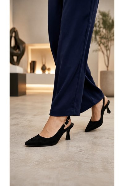 Rimex Women's Ovis Pointed Heeled Shoes Black Satin Summer Breathable Stylish New Season Red Sole