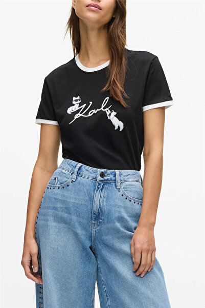 Karl Lagerfeld Ikon Signature Choupette Tee Kadın Bisiklet Yaka T-Shirt Siyah