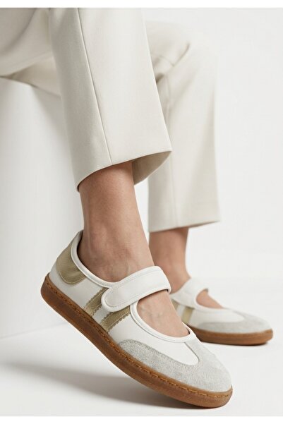 pabucmarketi White Gold Detailed Velcro Women's Ballerinas