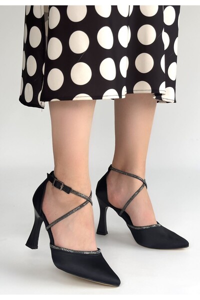 pabucmarketi Black Satin Women's Heeled Shoes