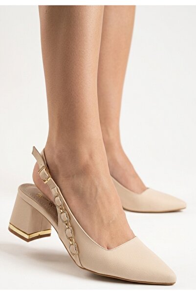 pabucmarketi Beige Satin Women's Heeled Shoes