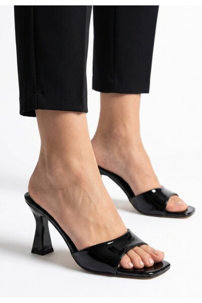 pabucmarketi Black Patent Leather Women's Heeled Slippers