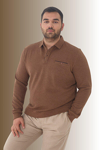 Maccali Erkek Cepli Kışlık Geniş Düz Kahverengi Battal Polo Yaka T-shirt