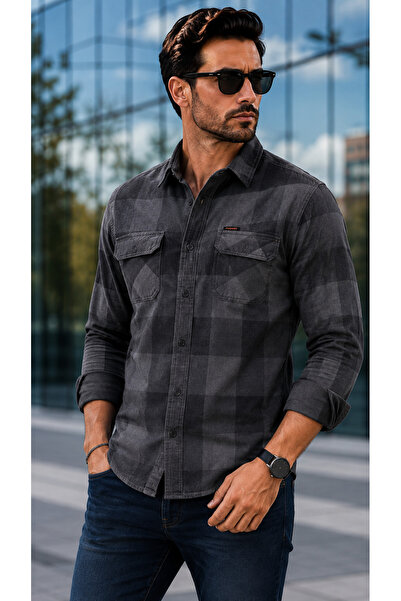 FSR FUSARO Pamuk Denim Ekose Slim Fit Çift Cepli Uzun Kollu Erkek Gömlek