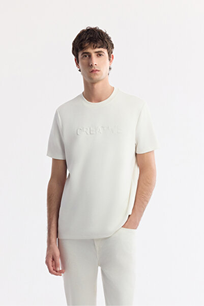 Avva Men's Ecru Crew Neck Printed Bi-Stretch Interlock Regular Fit T-Shirt A5...