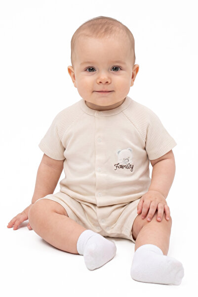 bebegen Baby Boy Beige Bear Family Embroidered Snap Fastener Shorts Overalls
