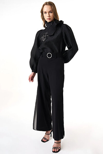 Kayra Metal Buckle Detailed Crepe Trousers Black