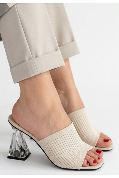 pabucmarketi Women's Nude Beige Knitwear Heeled Slippers