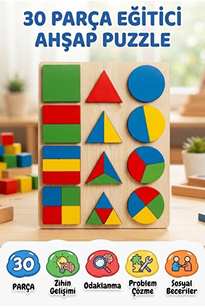 Farbu Oyuncak Renkli Şekiller 30 Pcs Eğitici Ahşap Puzzle Fbp06