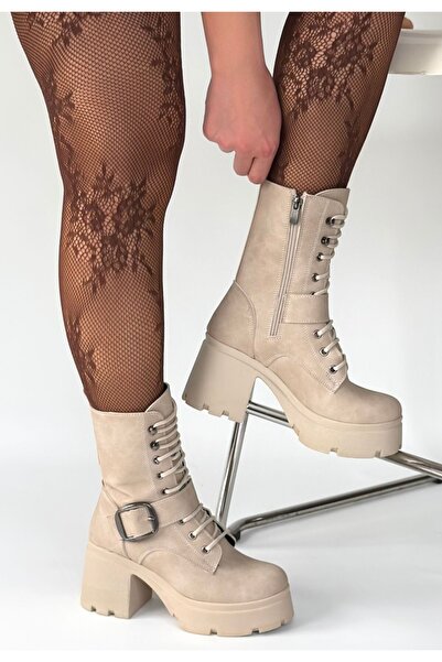 pabucmarketi Beige Nubuck Zippered Women's Heeled Boots with Lace Detail