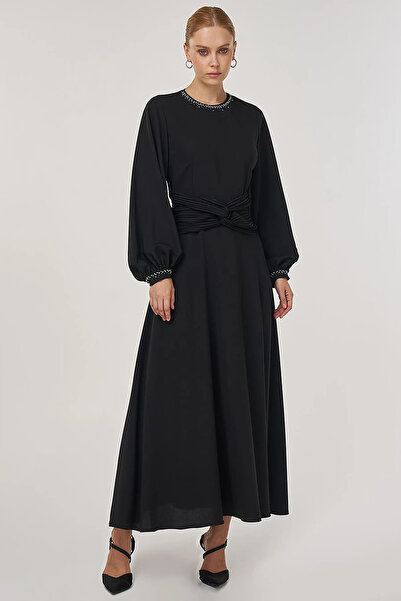 Kayra Stylish Dress with Waist Detail Black