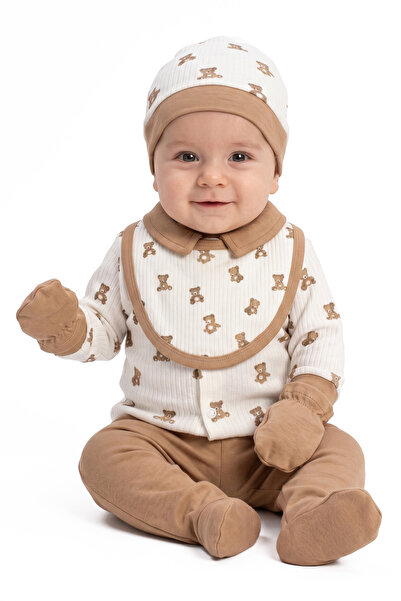 bebegen Baby Boy Ecru Brown Collared Teddy Bear Printed 5 Piece Hospital Disc...
