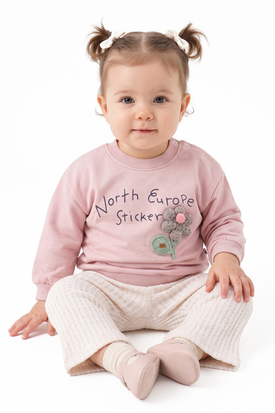 bebegen Baby Girl Ecru Lilac Floral Embroidered North Written Waffle 2-Piece Set