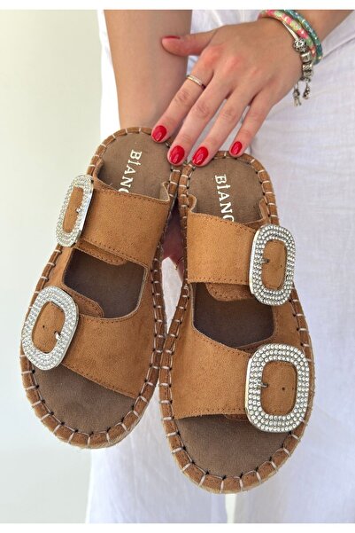 pabucmarketi Mink Nubuck Double Buckle Women's Flat Slippers