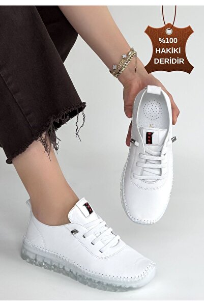 pabucmarketi White Genuine Leather Lace-Up Women's Casual Shoes