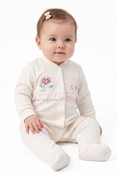 bebegen Baby Girl Ecru Pink Rose Embroidered Cross-Stitch Snap-On Jumpsuit wi...