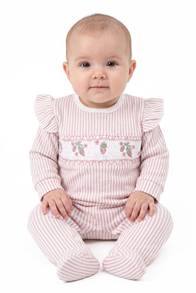 bebegen Baby Girl Pink and White Strawberry Embroidered Ruffle Romper 0-3 Months