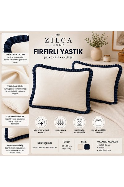 ZİLCA HOME Navy Blue Ruffled Pillowcase Set of 2 50X70 cm – Covered, Without ...