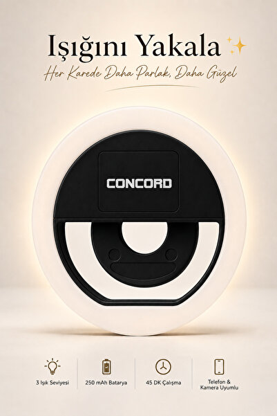 Concord LED Selfie Işığı 3 Kademeli Güçlü Işık Yeni Nesil Type-C Şarjlı Tüm T...