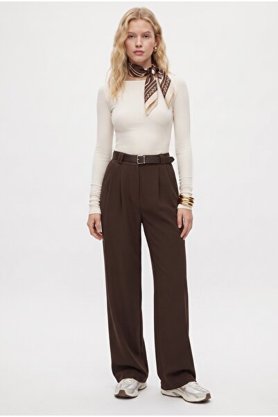 Ritnice Women's Rena Belted Lycra Brown Palazzo Trousers