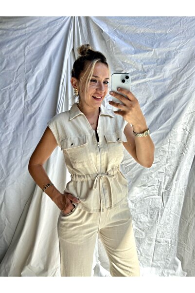 Gözde Tasarım Butik Women's Khaki Color Safari Style Pocketed Flam Linen Vest...