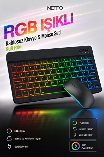 NEFFO Kablosuz Bluetooth Klavye Mouse Seti – Şarj Edilebilir