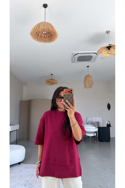 Buket Teke Burgundy Washed Fabric Six-Piece Basic T-Shirt