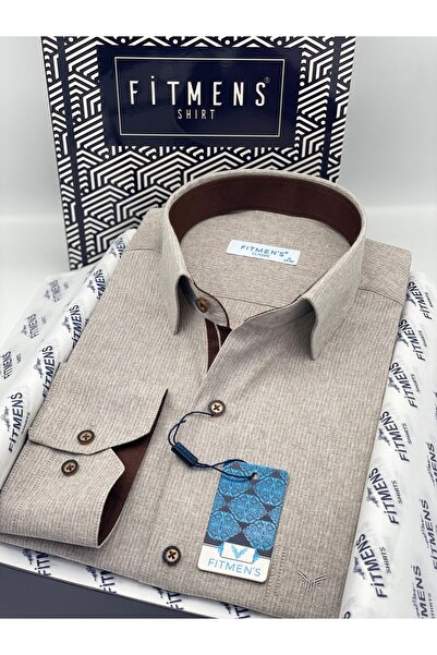 Fitmens Klasik Uzun Kol Keten Cotton Hediye Kutulu Erkek Gömlek FS-001261 - Bej
