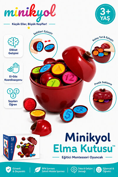 Elma Kutusu™ Sayı ve Şekil Eşleştirme Oyuncağı 12 Parça Okul Öncesi Eğitici Montessori Set 3+ Yaş