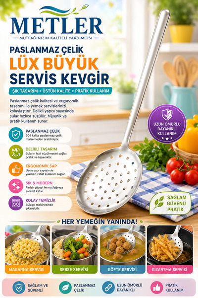 Metler Paslanmaz Çelik Lüx Büyük Servis Kevgir | Delikli Kepçe Spatula Mutfak...