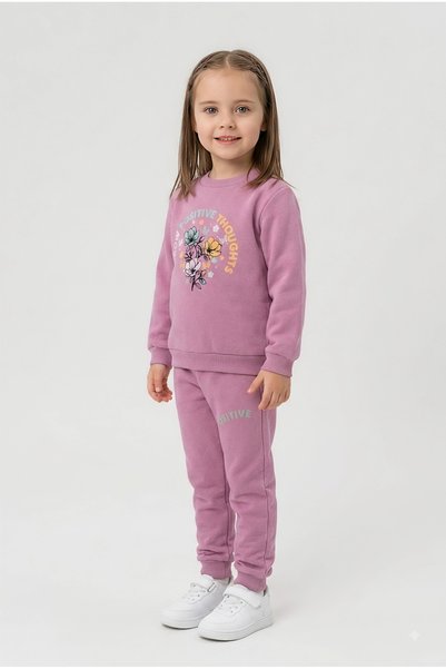 Beray Bebe Girl's Three-Thread Embroidered 2-Piece Set |   Sweatshirt & Sweatpants |   Floral Printed