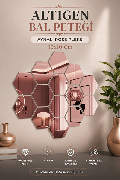 Numa Concept Wall Decoration 14-Piece Hexagonal Honeycomb Mirrored Rose Plexi...