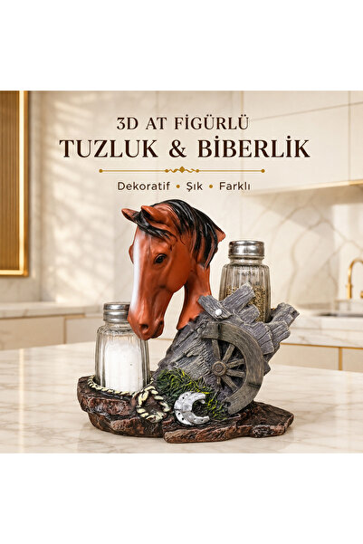 Genel Markalar 3D At Figürlü Tuzluk Biberlik Seti Dekoratif Baharatlık Mutfak...