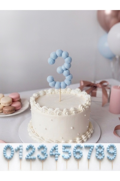 Ca.Gi Handmade Numbered Birthday Cake Decoration / Blue Color Number with Pom...