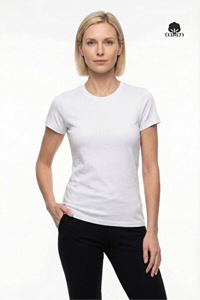 Cottonland Women's Dıana Stretchy Ribbed Cotton Short Sleeve T-Shirt White
