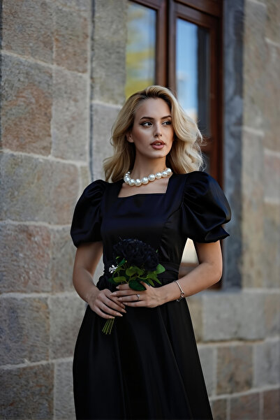 ALFUDO Moda Collection KADIN SİYAH KARE YAKA KEMER TOKASI DETAYLI VICTORIA ABIYE MEZUNIYET ELBİSE