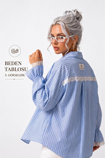 SLAVİ İSTANBUL Kadın Çizgili Oversize %100 Pamuk Uzun Kollu Gömlek