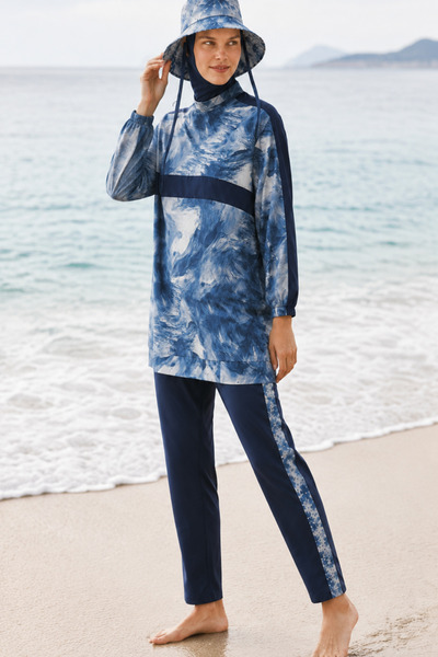 Mevra AURELİA TİDE | Batik Desen Lacivert Tesettür Mayo 5 li Set