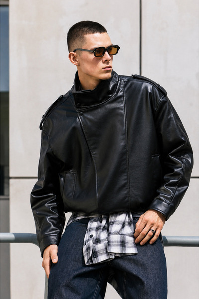 Moderk High Collar Oversize Men's Leather Jacket