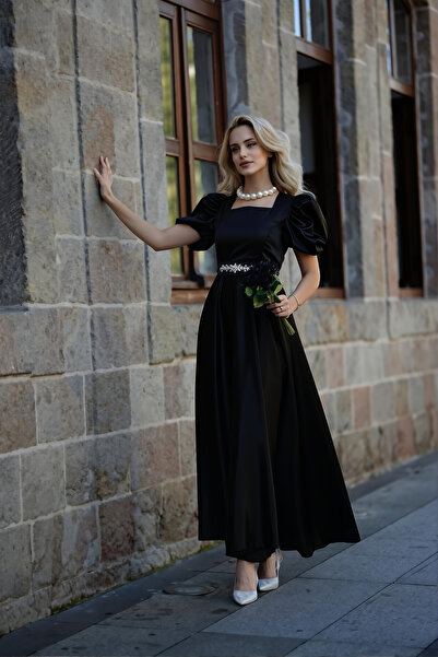 ALFUDO Moda Collection KADIN SİYAH KARE YAKA KEMER TOKASI DETAYLI VICTORIA ABIYE MEZUNIYET ELBİSE