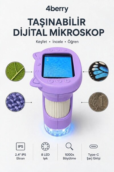 4 Berry 4Berry Taşınabilir Fotoğraf Çekebilen Dijital Mikroskop 1000x – 2.4” ...