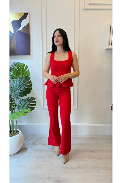 SHIN Butik SHIN Kırmızı Peplum Bluz Pantolon Takım