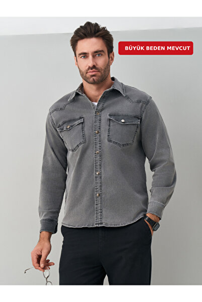 muzzo jeans Açık Gri Pamuklu Likralı Kot Gömlek