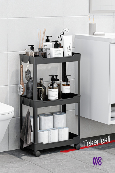 MOWO Siyah 3 Katlı Tekerlekli Banyo Rafı, Havluluk, Deterjanlık, Banyo Düzenl...