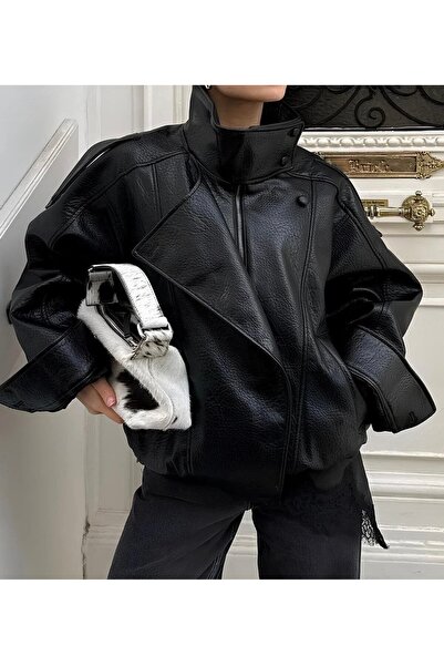 Reysamoda Kadın ZR model Dik Yaka fermuarlı Deri Ceket