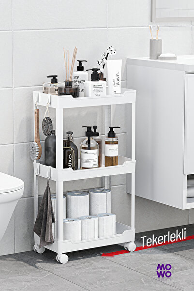 MOWO Beyaz 3 Katlı Tekerlekli Banyo Rafı, Havluluk, Deterjanlık, Banyo Düzenl...